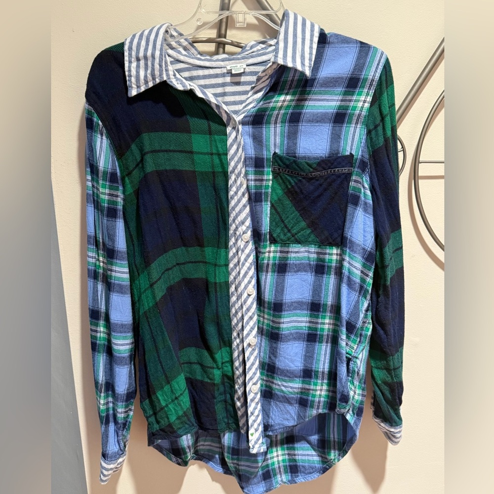 Aerie Blue and White Striped Plaid Button Down Size M Cotton Blend